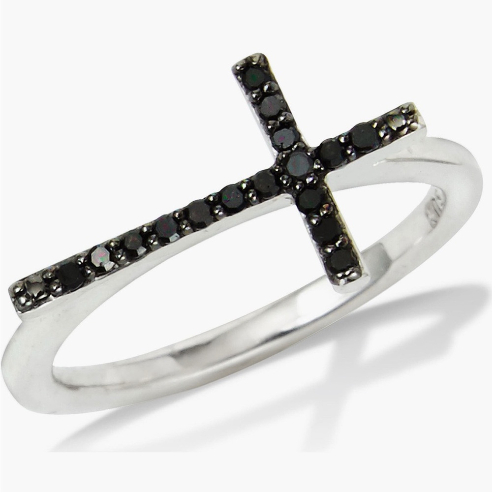 Silver Black Dimond Cross Ring